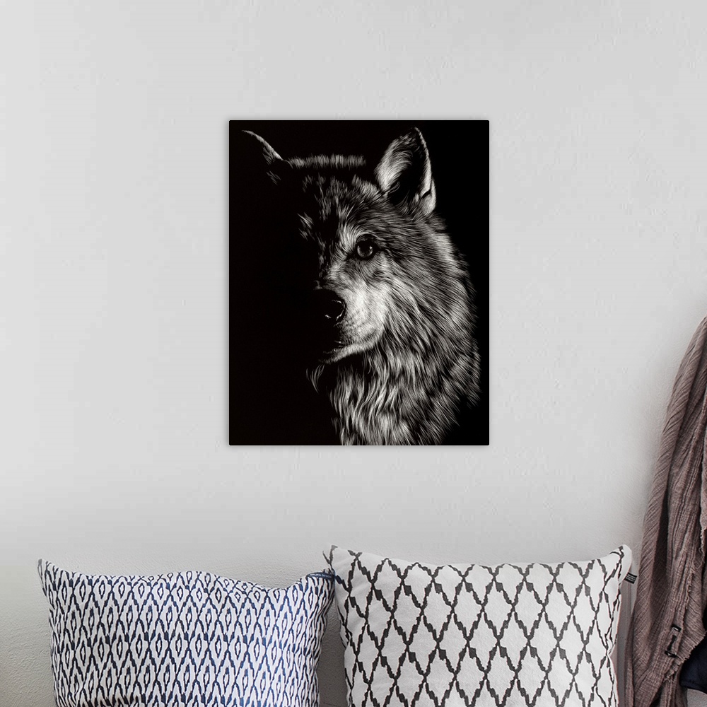 A bohemian room featuring Black and white illustration of a wolf looking straight ahead, half in shadow.