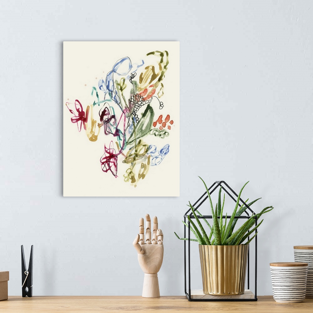 A bohemian room featuring Contemporary painting of abstracted flowers in a variety of colors against a cream toned background.
