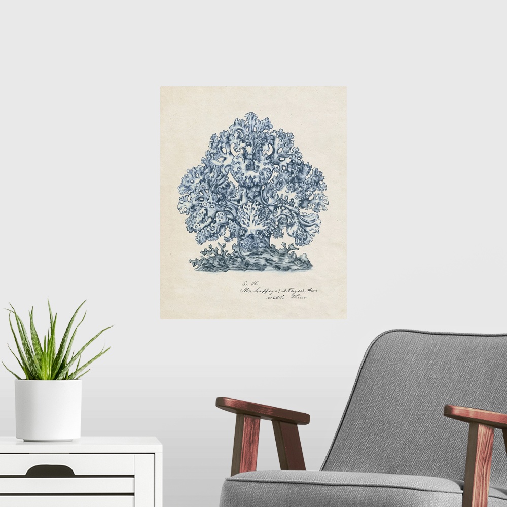 A modern room featuring A watercolor illustration of details of coral in blue against a beige backdrop.