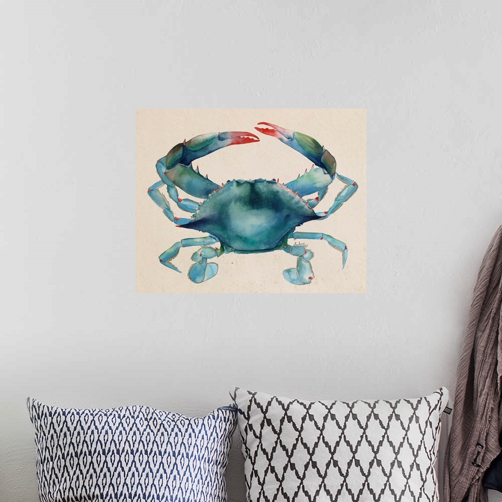 A bohemian room featuring Contemporary watercolor painting of a crustacean against a neutral background.