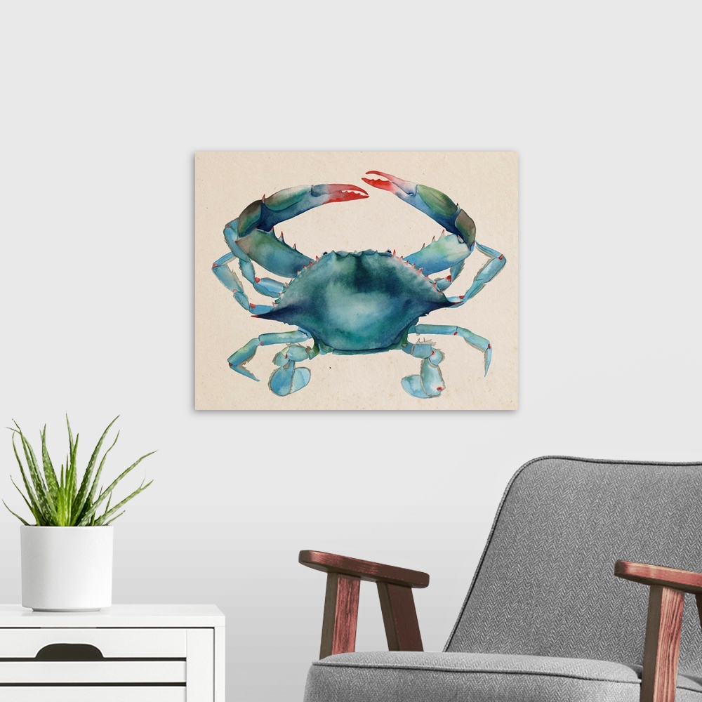 A modern room featuring Contemporary watercolor painting of a crustacean against a neutral background.