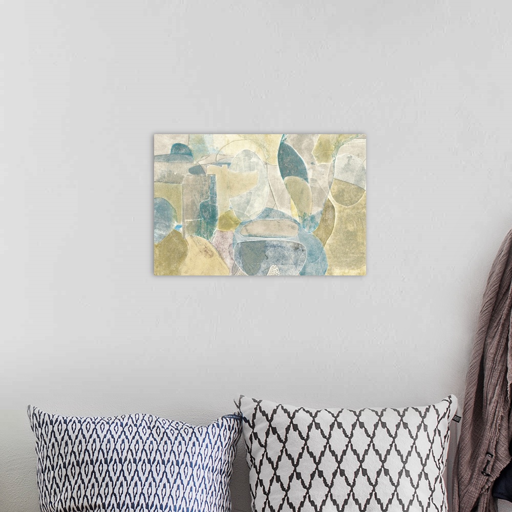 A bohemian room featuring Contemporary abstract art in organic tan and blue shapes.