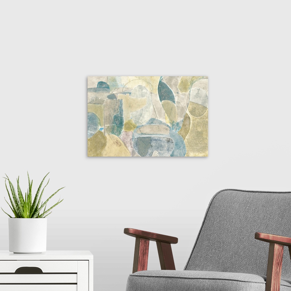 A modern room featuring Contemporary abstract art in organic tan and blue shapes.