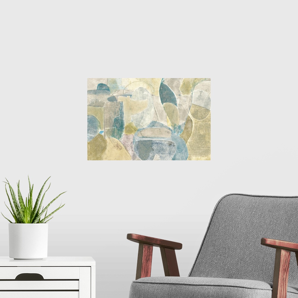 A modern room featuring Contemporary abstract art in organic tan and blue shapes.