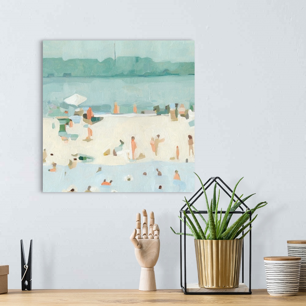A bohemian room featuring A contemporary impressionist beach scene where simple blocks of color perfectly represent the fig...