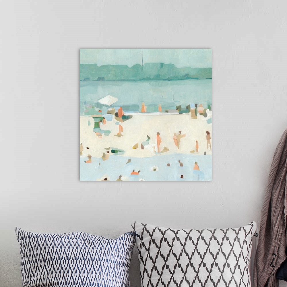 A bohemian room featuring A contemporary impressionist beach scene where simple blocks of color perfectly represent the fig...