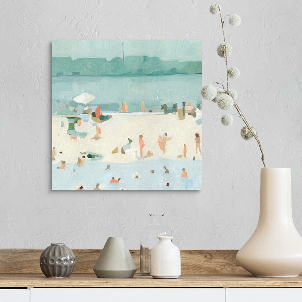 A farmhouse room featuring A contemporary impressionist beach scene where simple blocks of color perfectly represent the fig...