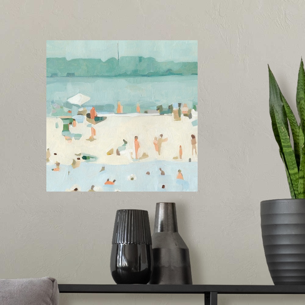 A modern room featuring A contemporary impressionist beach scene where simple blocks of color perfectly represent the fig...