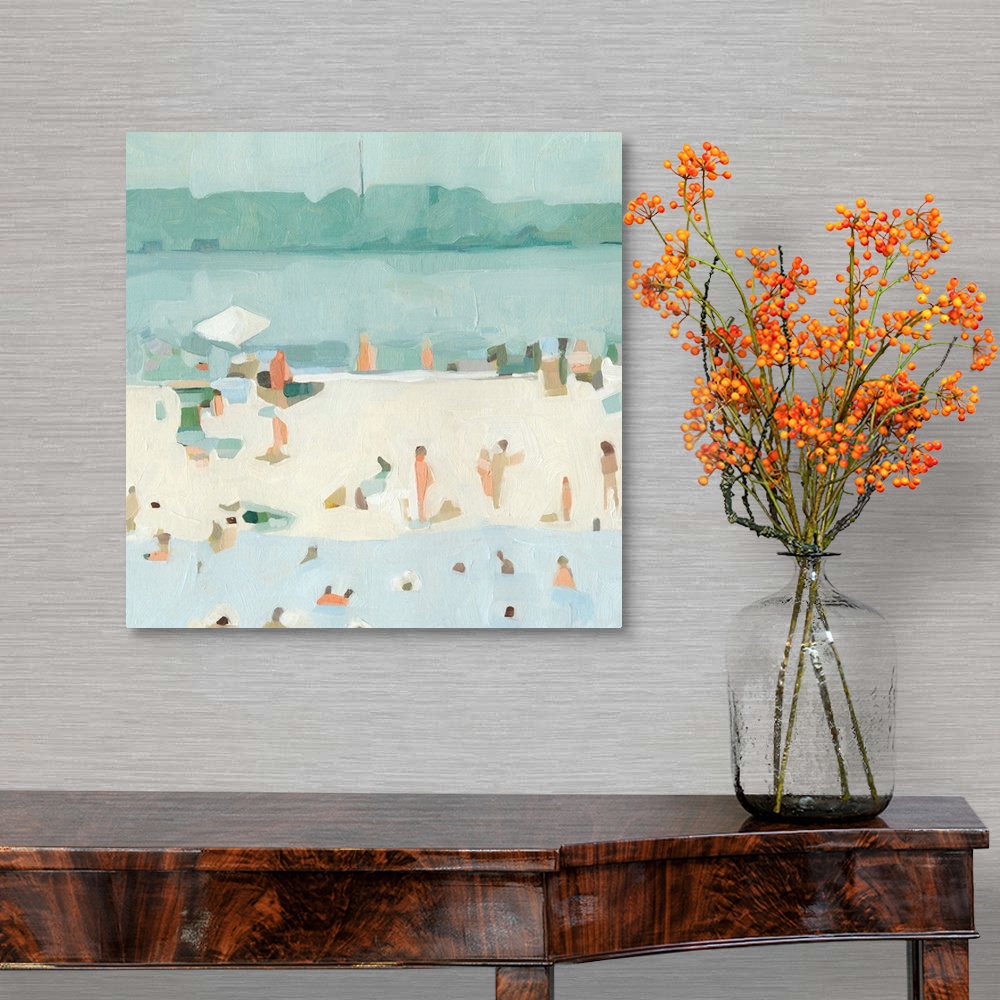 A traditional room featuring A contemporary impressionist beach scene where simple blocks of color perfectly represent the fig...