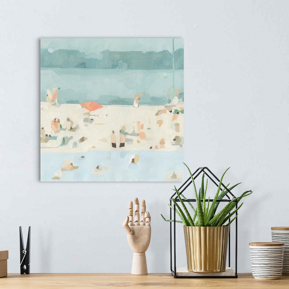 A bohemian room featuring A chunky, abstracted painting of beach goers on a sandbar, painted in a pleasing palette of bluei...