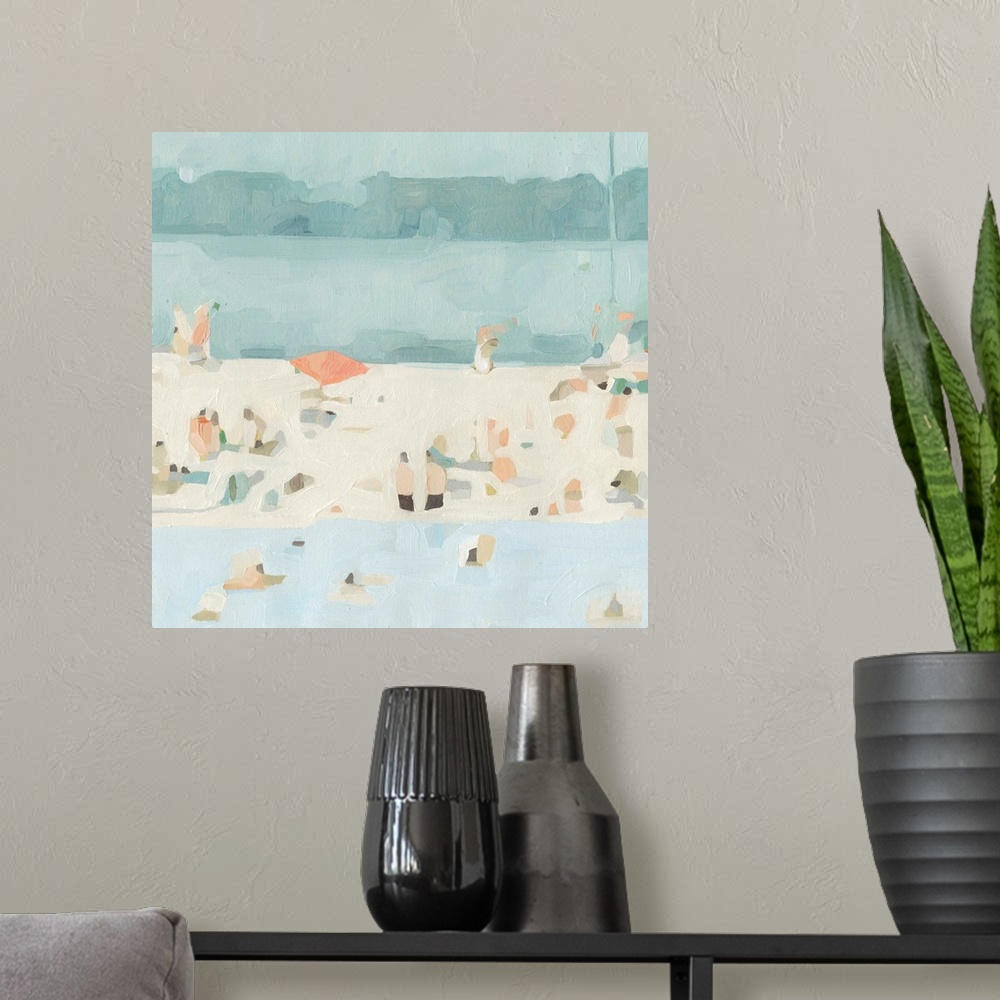 A modern room featuring A chunky, abstracted painting of beach goers on a sandbar, painted in a pleasing palette of bluei...