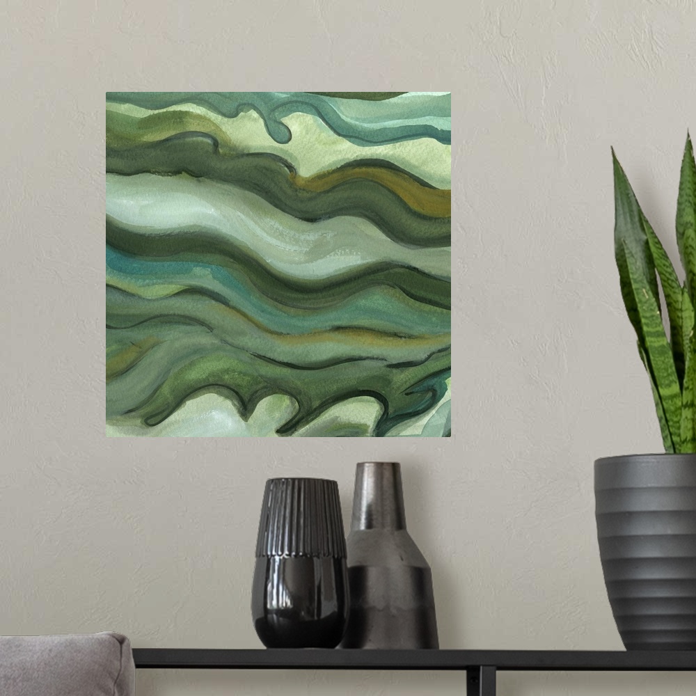 A modern room featuring Contemporary abstract painting using tones of green resembling a cross section of stone.