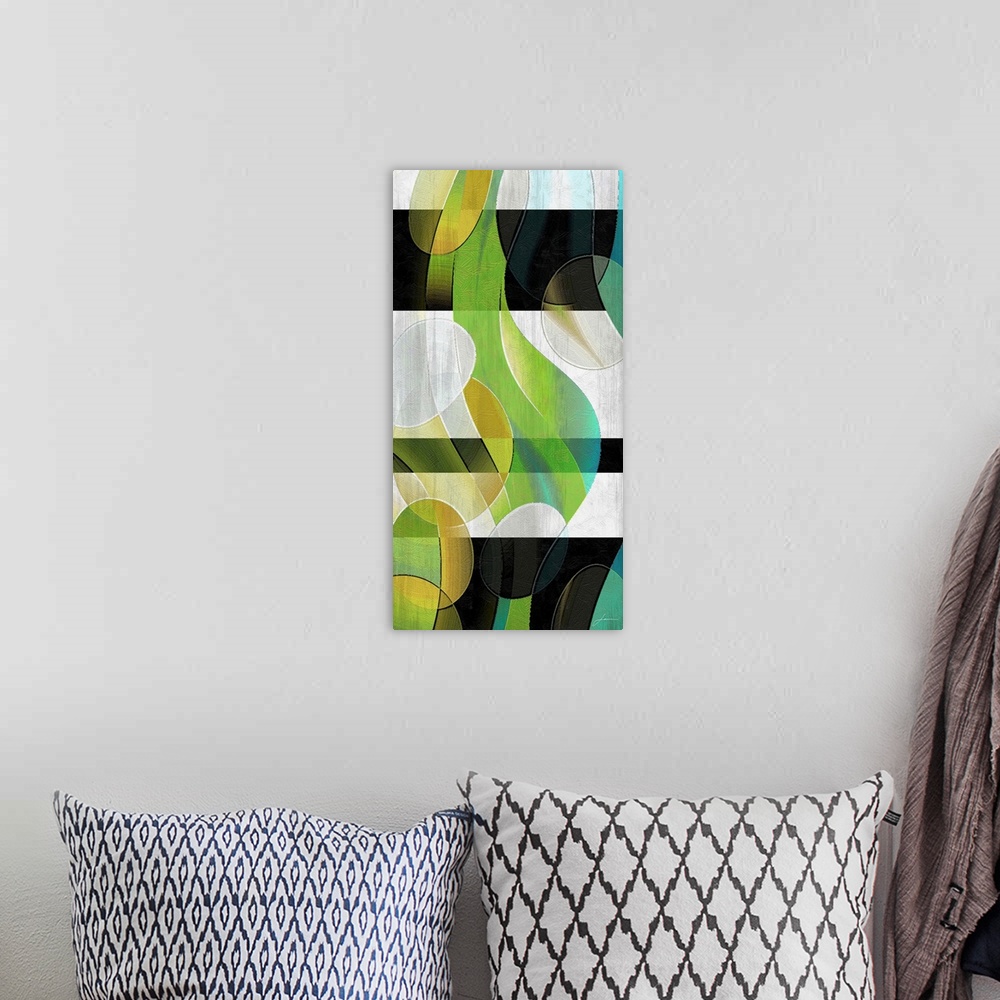 A bohemian room featuring Contemporary abstract painting using neutral tones in geometric shapes with an overlay of colorfu...