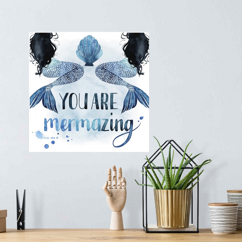 A bohemian room featuring Square beach themed decor with painted mermaids and the phrase "You Are Mermazing" all in shades ...