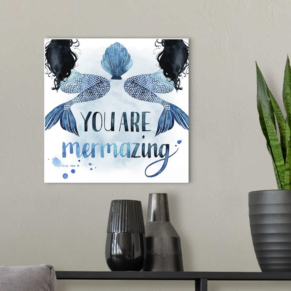 A modern room featuring Square beach themed decor with painted mermaids and the phrase "You Are Mermazing" all in shades ...