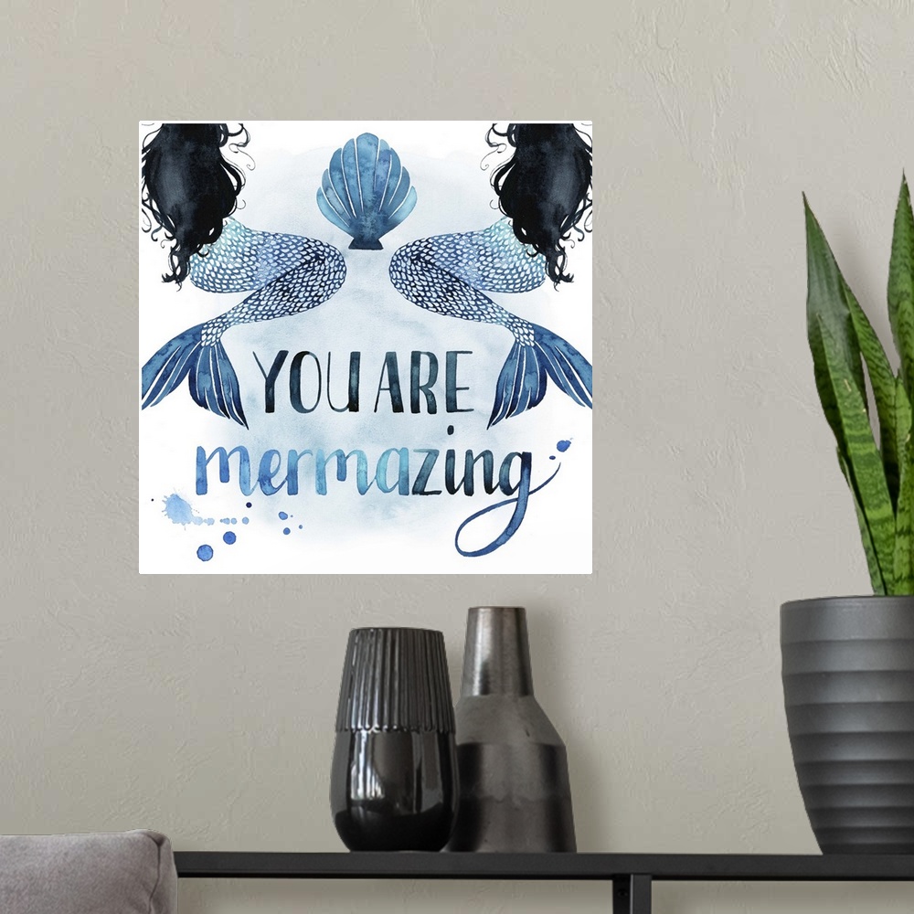 A modern room featuring Square beach themed decor with painted mermaids and the phrase "You Are Mermazing" all in shades ...