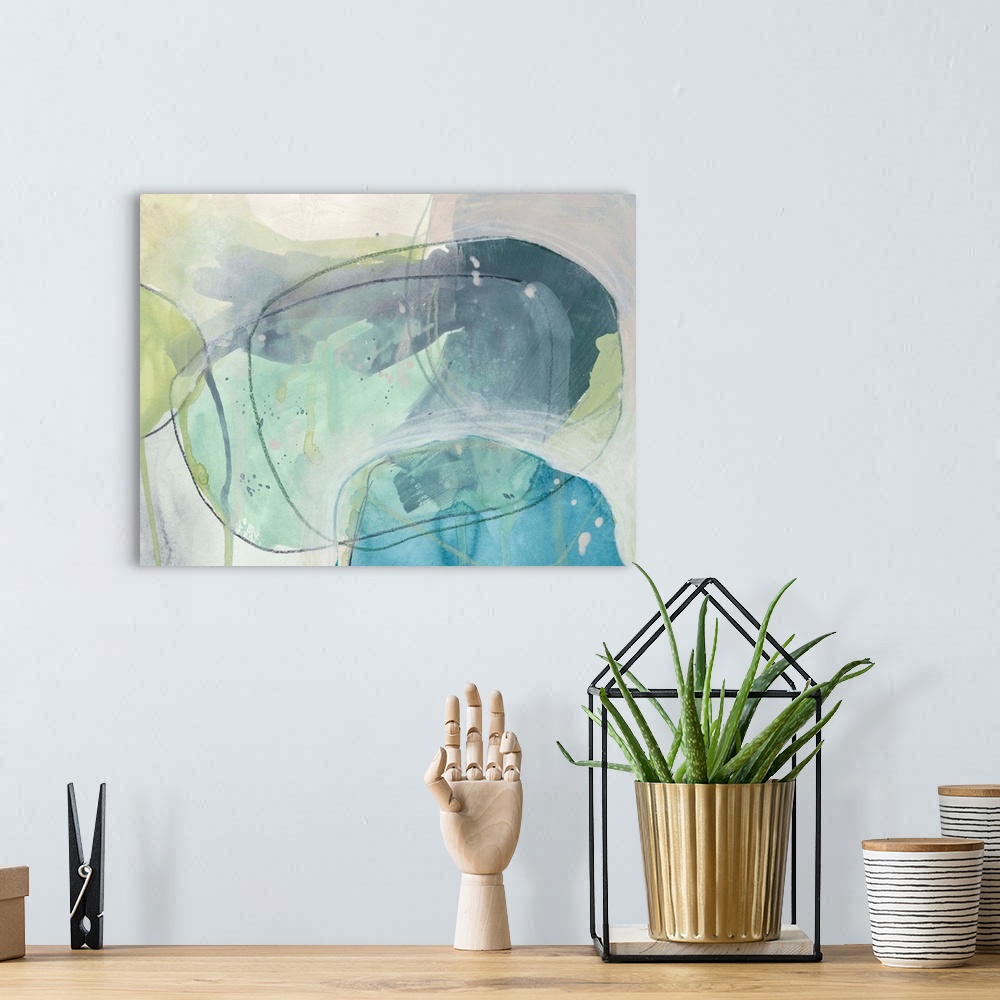 A bohemian room featuring Contemporary abstract painting of ovular, stone-like shapes in blue and green hues reminiscent of...