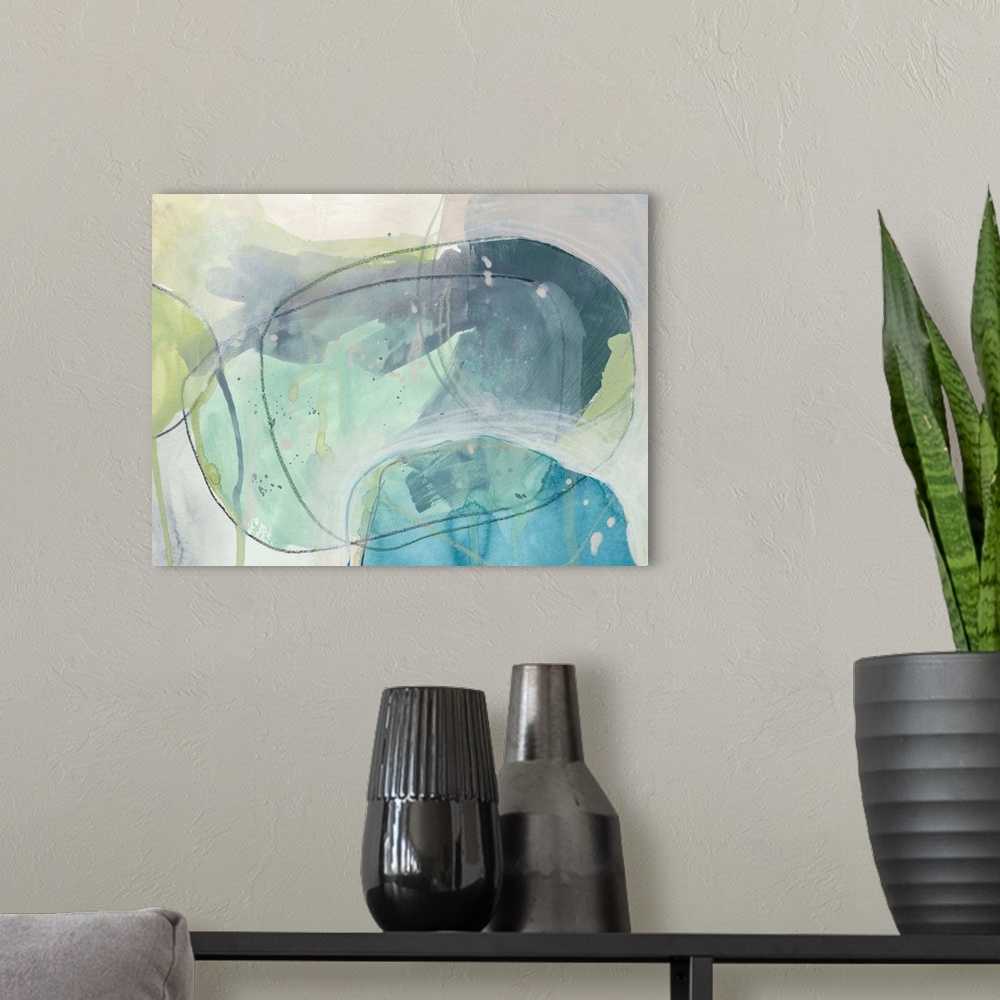 A modern room featuring Contemporary abstract painting of ovular, stone-like shapes in blue and green hues reminiscent of...
