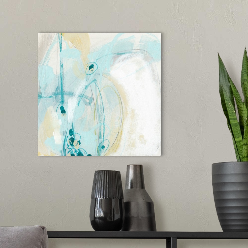 A modern room featuring Abstract contemporary artwork in swirling shades of pale blue, beige, and white.