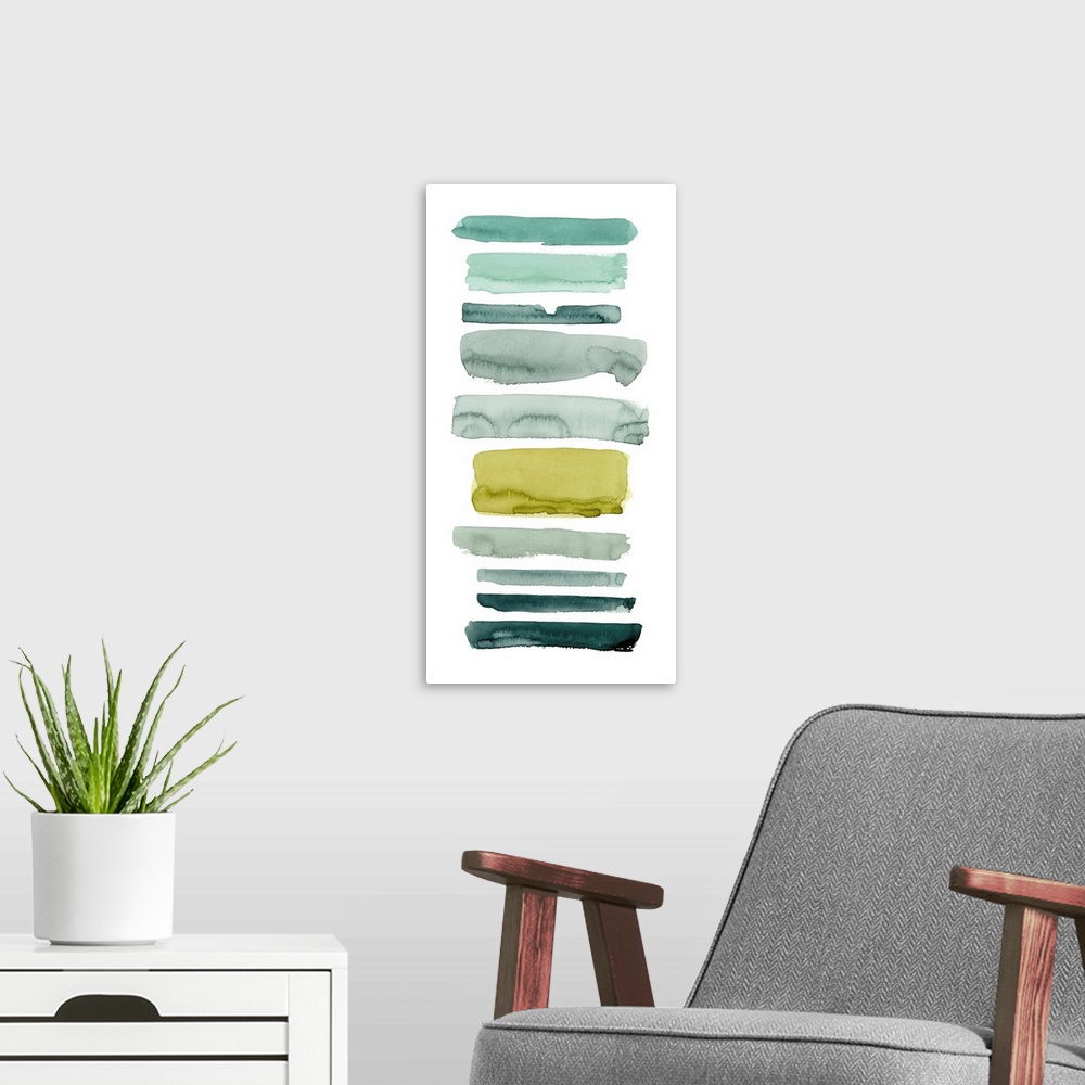 A modern room featuring Large panel abstract watercolor with horizontal brushstrokes of different thicknesses going up th...