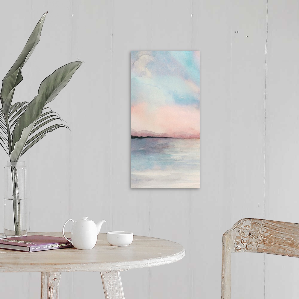 A farmhouse room featuring Sea Sunset Triptych I