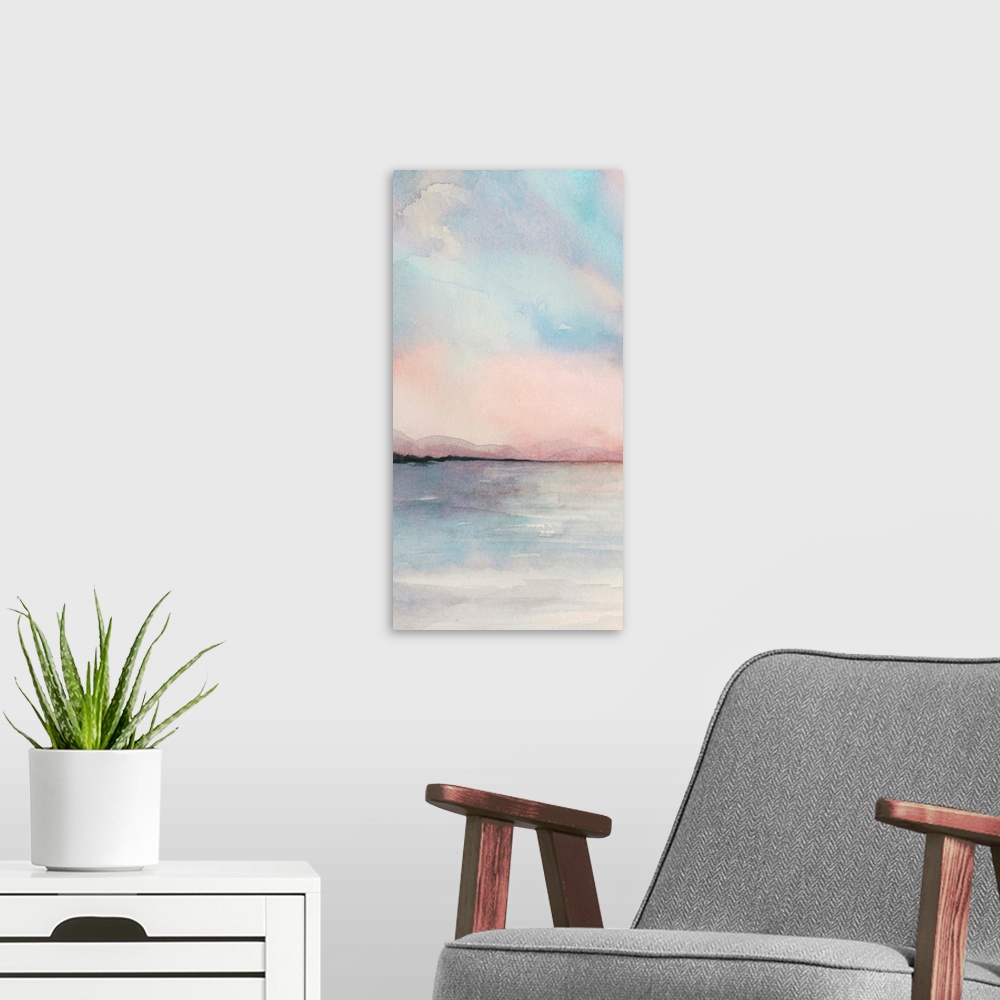 A modern room featuring Sea Sunset Triptych I