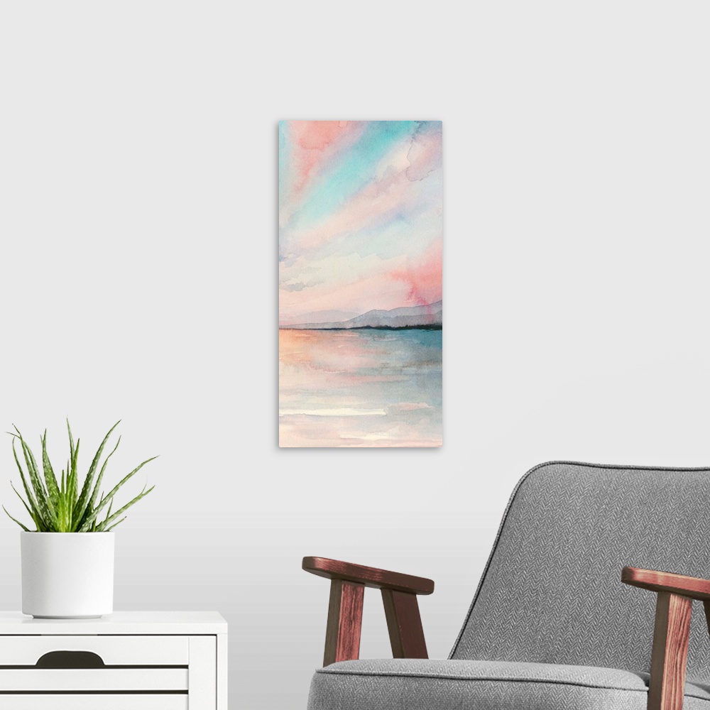 A modern room featuring Sea Sunset Triptych III