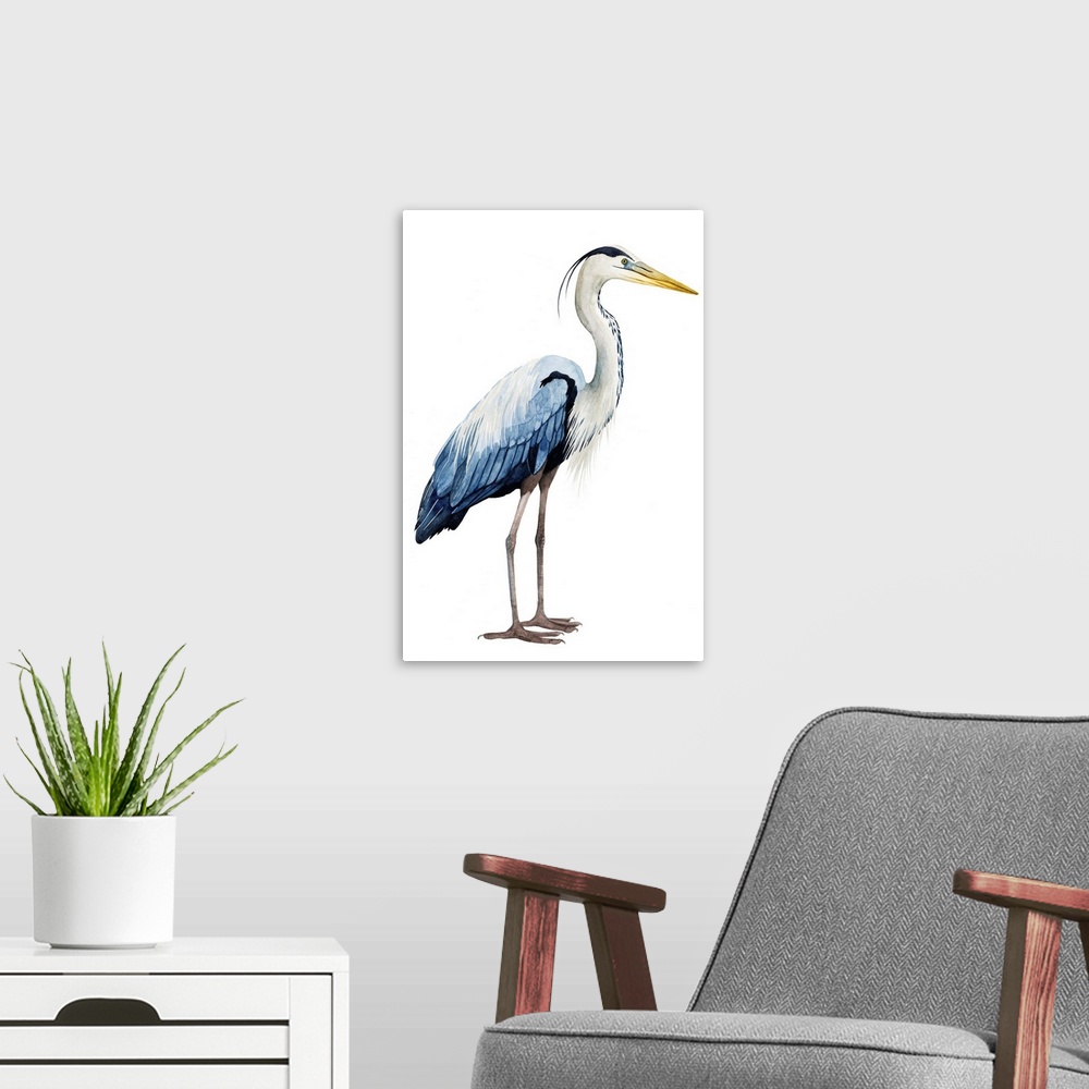 A modern room featuring Modern illustration of a great blue heron on a white background.