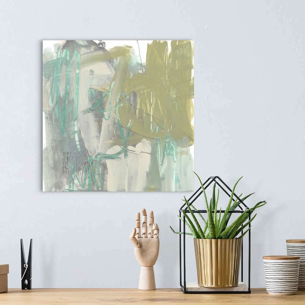 A bohemian room featuring Contemporary abstract painting in pale pink, olive green, and blue.