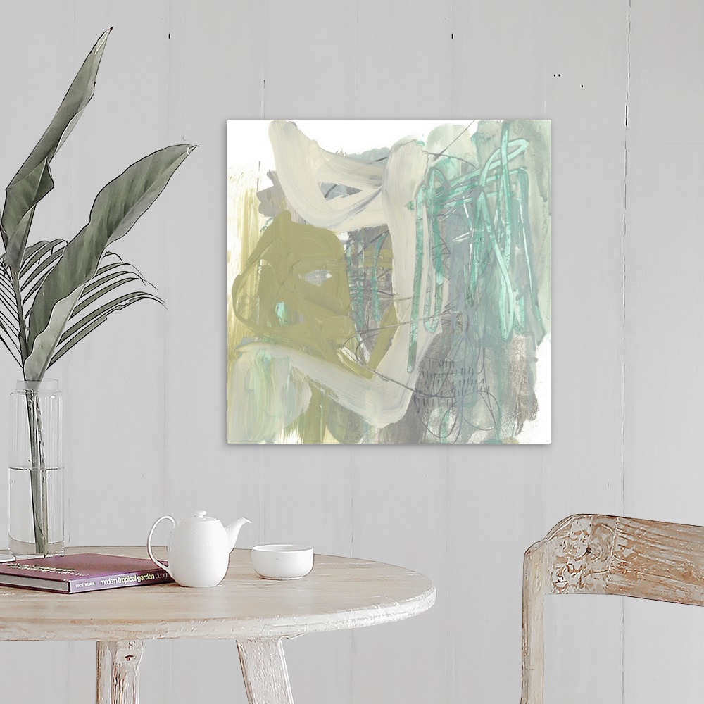 A farmhouse room featuring Contemporary abstract painting in pale pink, olive green, and blue.
