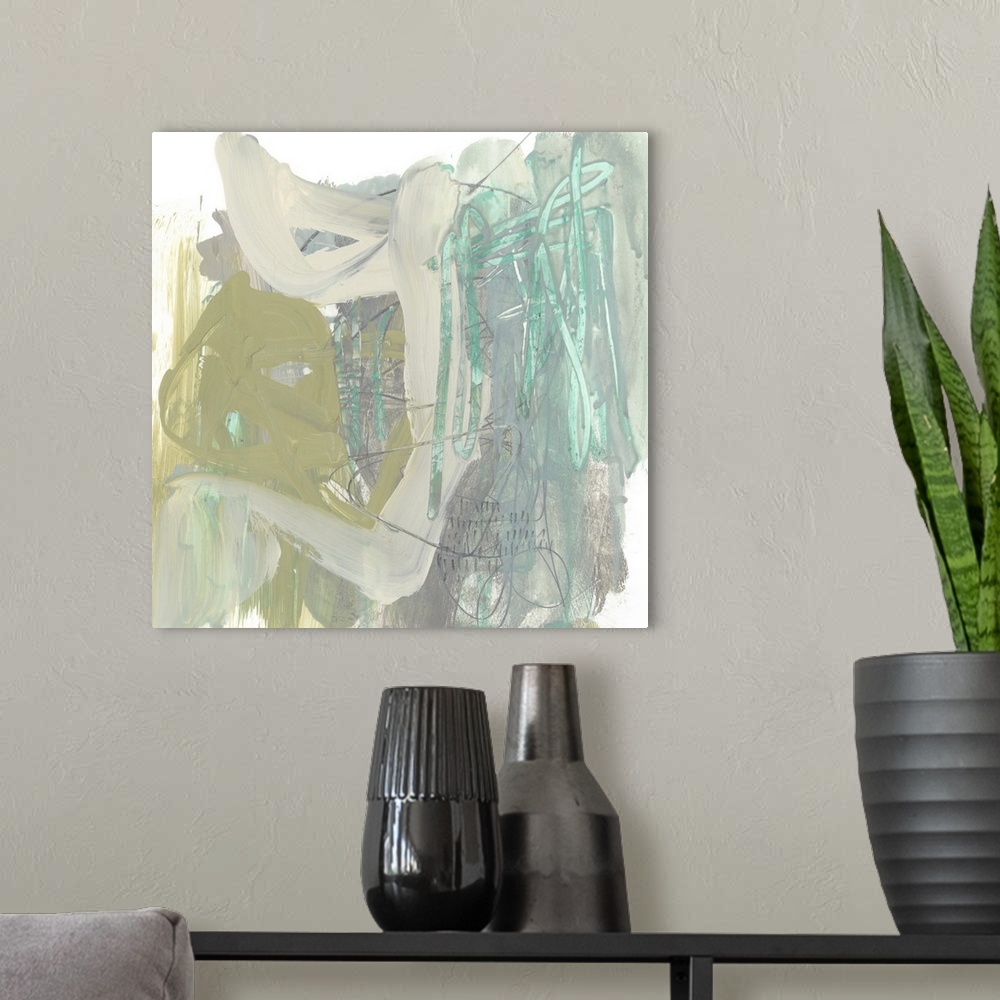 A modern room featuring Contemporary abstract painting in pale pink, olive green, and blue.