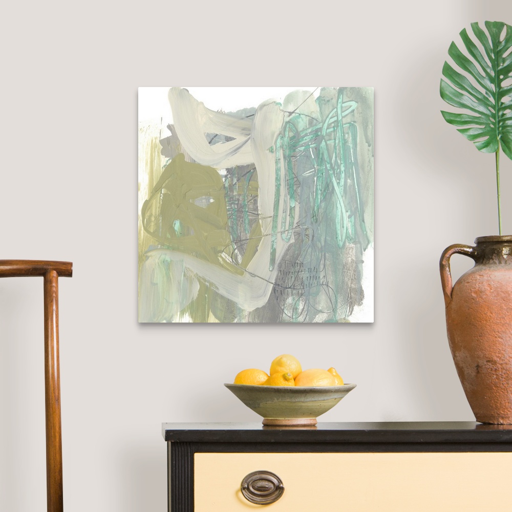A traditional room featuring Contemporary abstract painting in pale pink, olive green, and blue.