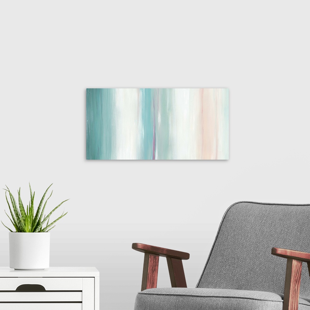 A modern room featuring Abstract artwork in pink, white, and teal, in vertical stripes.