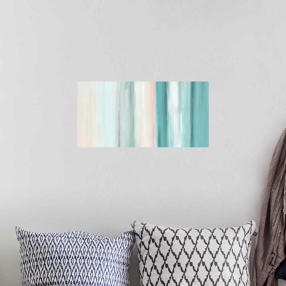 A bohemian room featuring Abstract artwork in pink, white, and teal, in vertical stripes.
