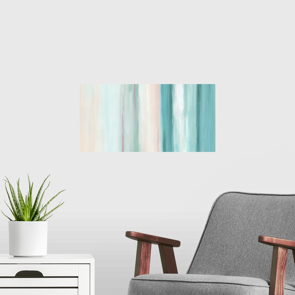 A modern room featuring Abstract artwork in pink, white, and teal, in vertical stripes.