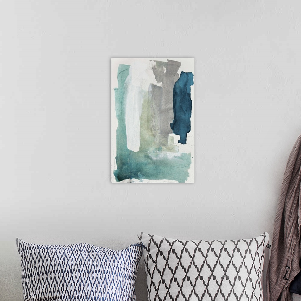 A bohemian room featuring Contemporary abstract artwork using muted colors against a neutral background.