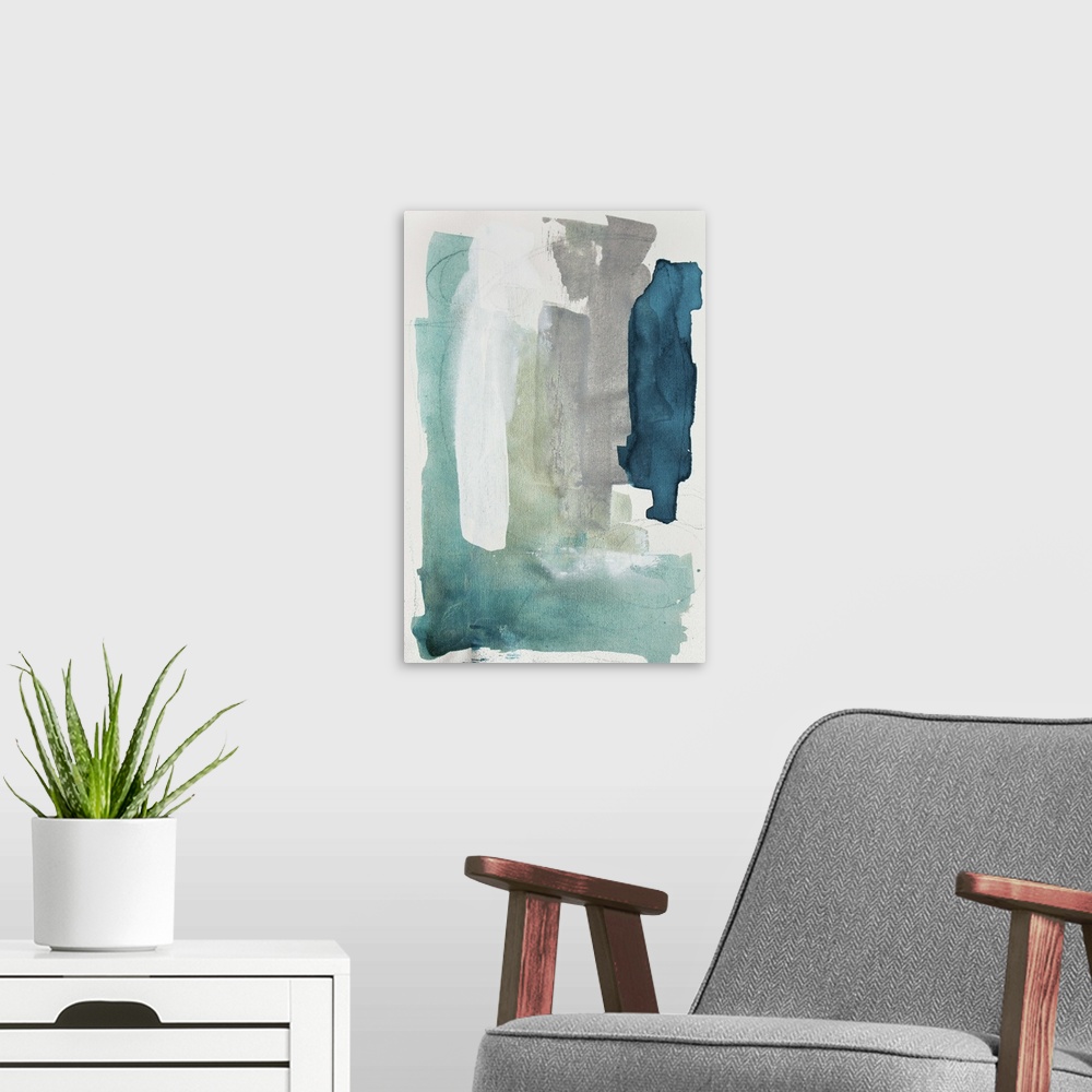 A modern room featuring Contemporary abstract artwork using muted colors against a neutral background.