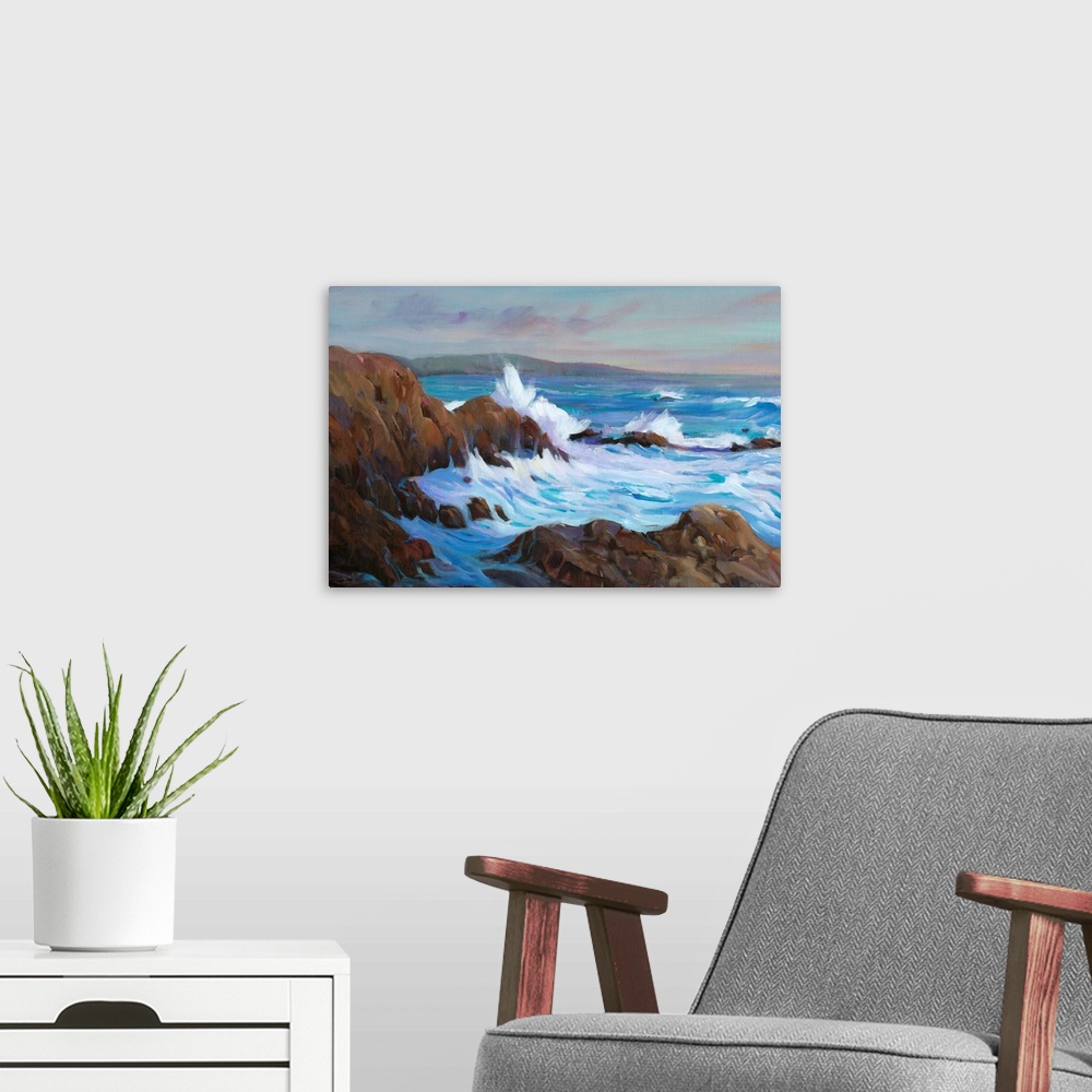 A modern room featuring Contemporary seascape painting of waves crashing against a rocky coastline.