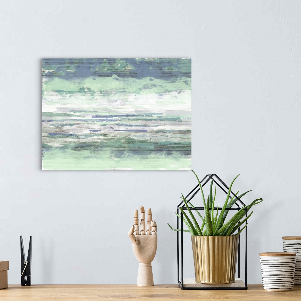 A bohemian room featuring In this contemporary artwork, horizontal line patterns in green and blue dominated a textured whi...