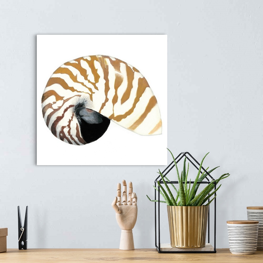 A bohemian room featuring Detailed painting of a striped seashell.