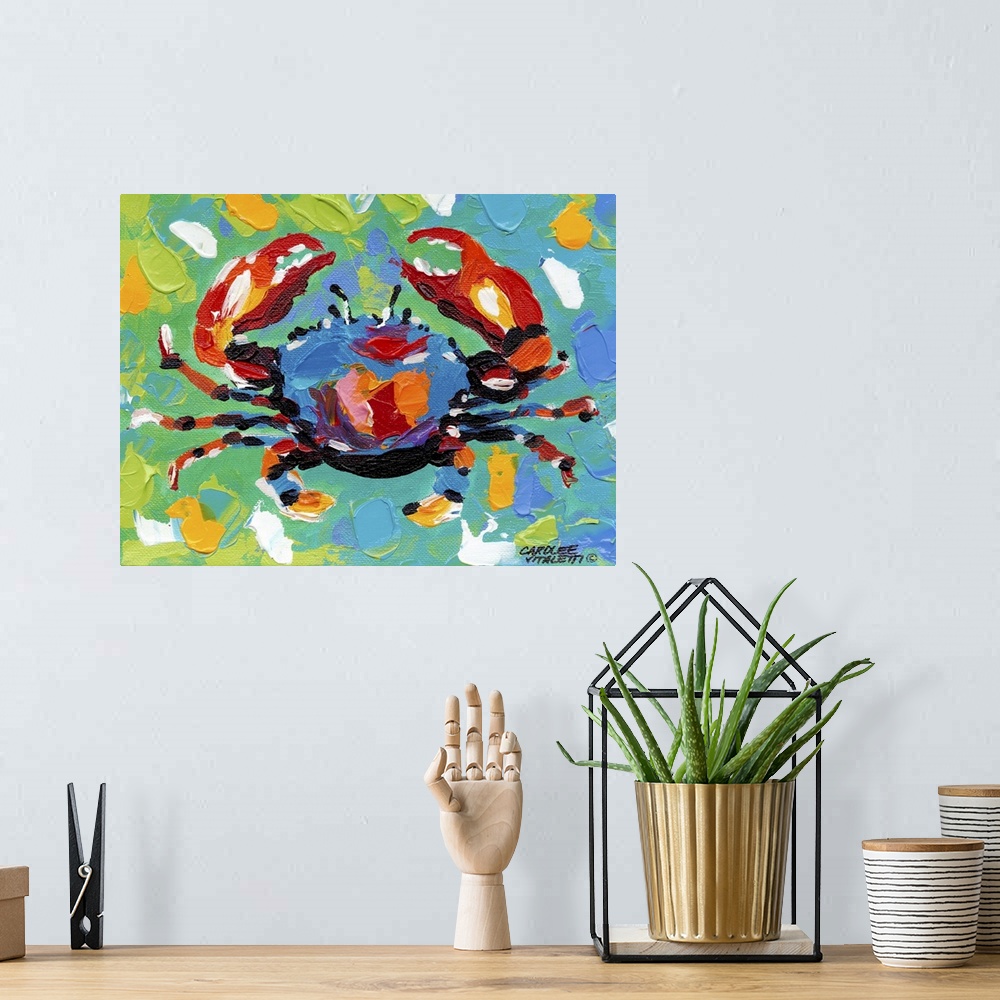 A bohemian room featuring Colorful painting of a crab against a multi-colored background.