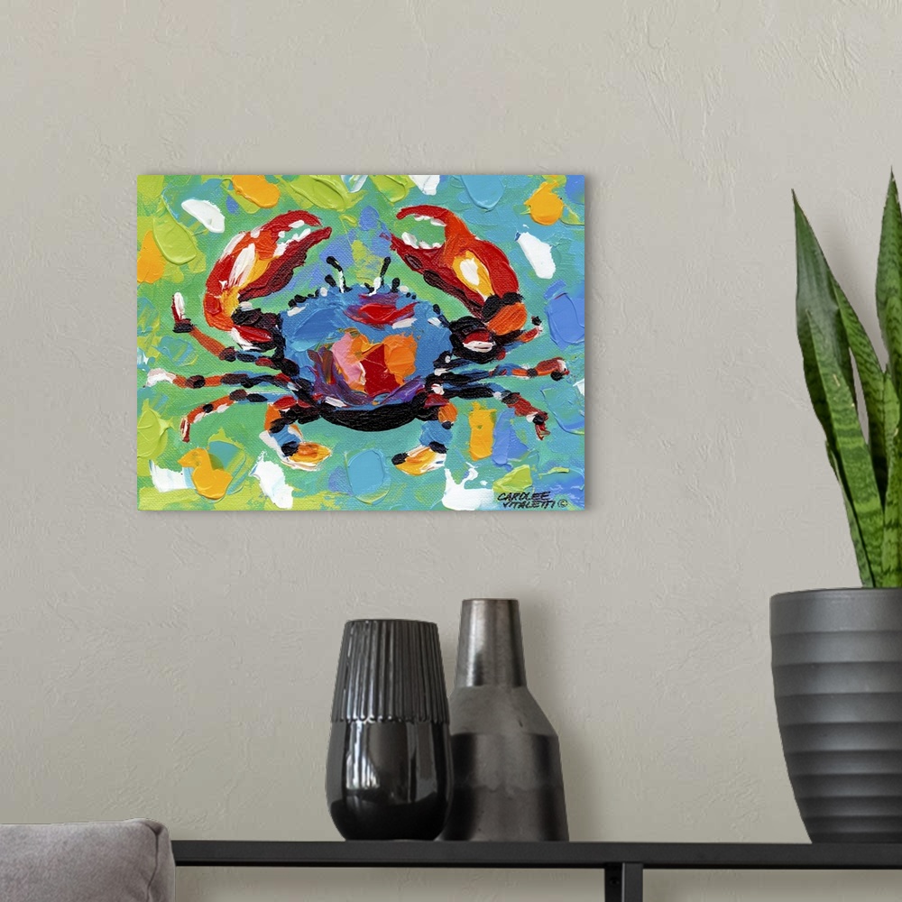 A modern room featuring Colorful painting of a crab against a multi-colored background.