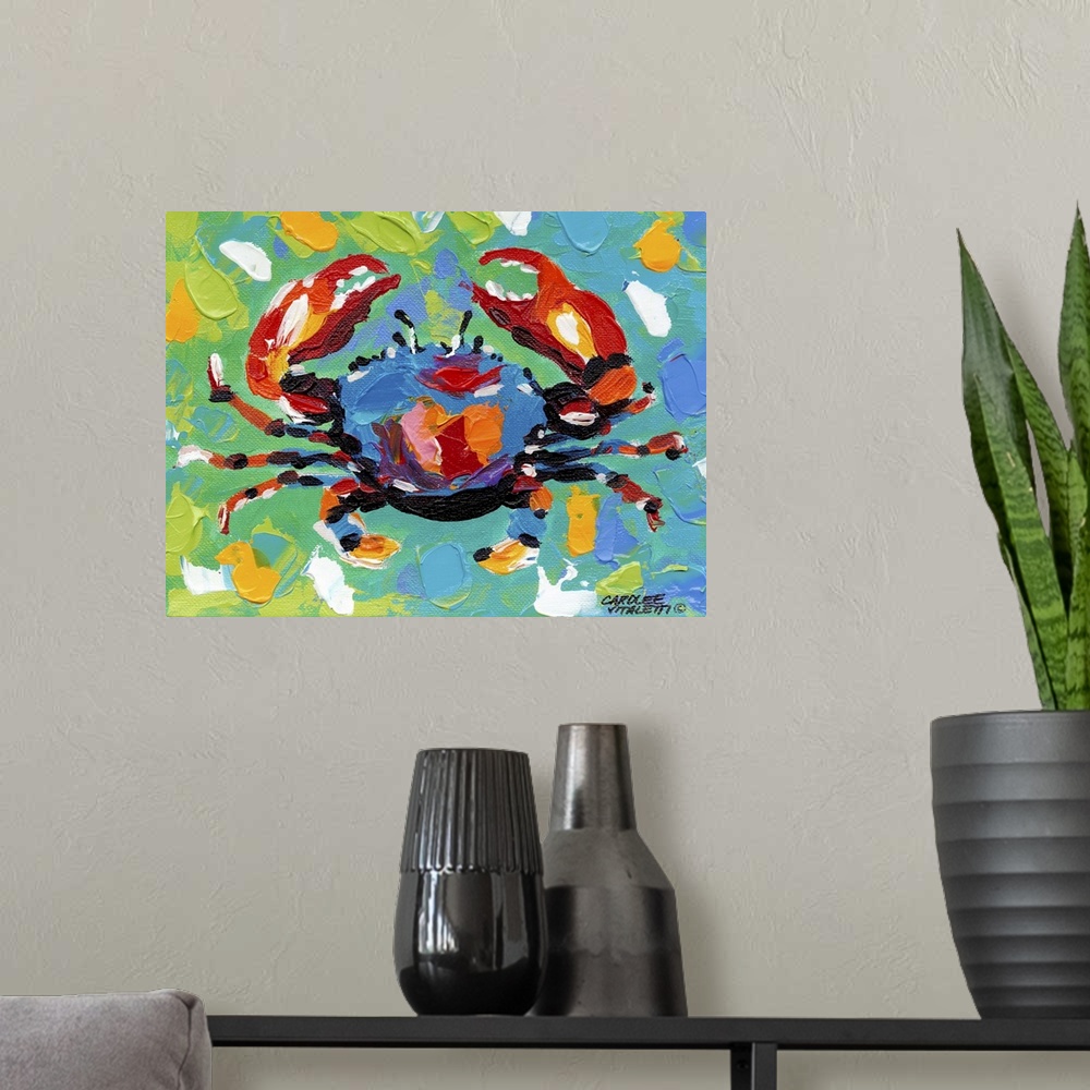 A modern room featuring Colorful painting of a crab against a multi-colored background.