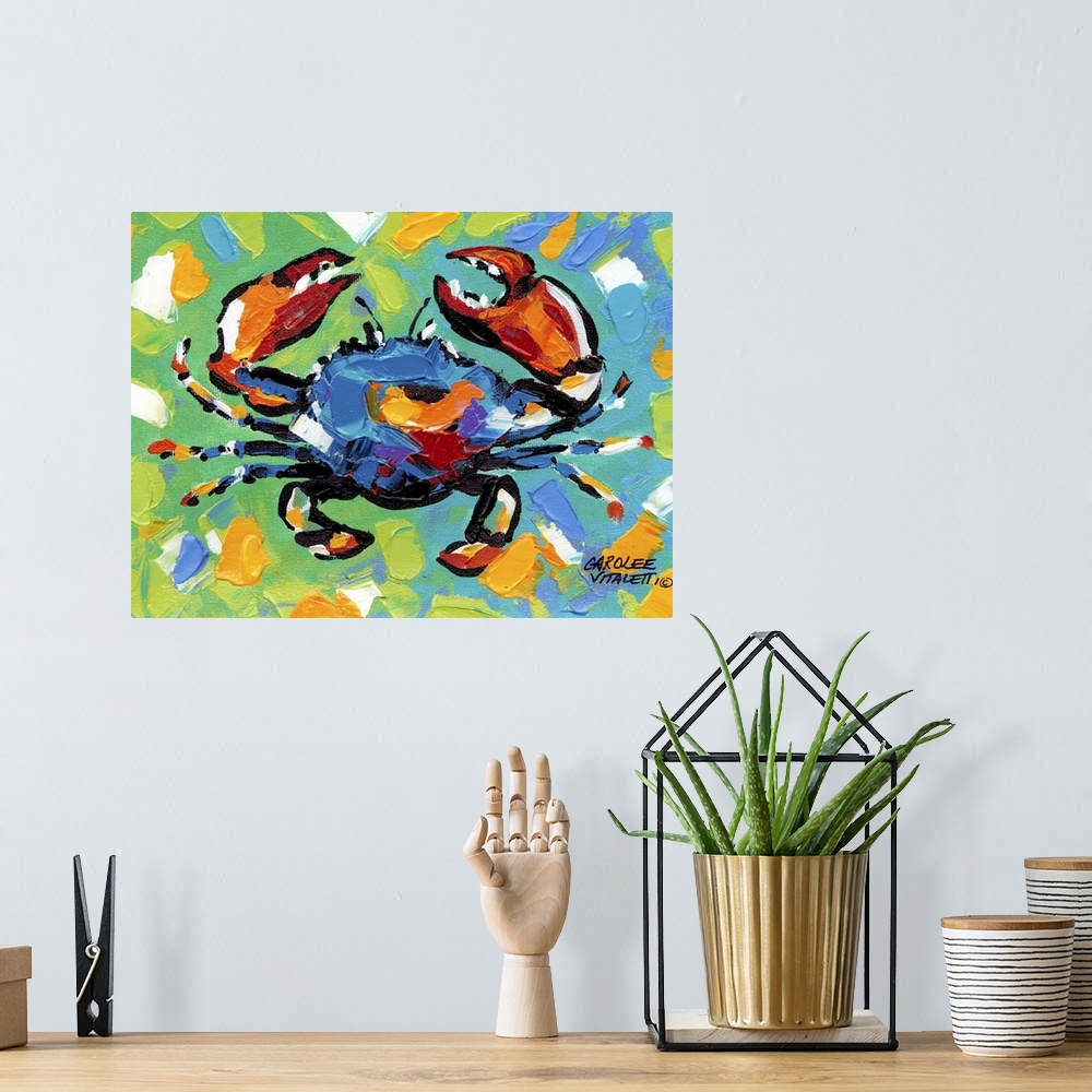 A bohemian room featuring Colorful painting of a crab against a multi-colored background.