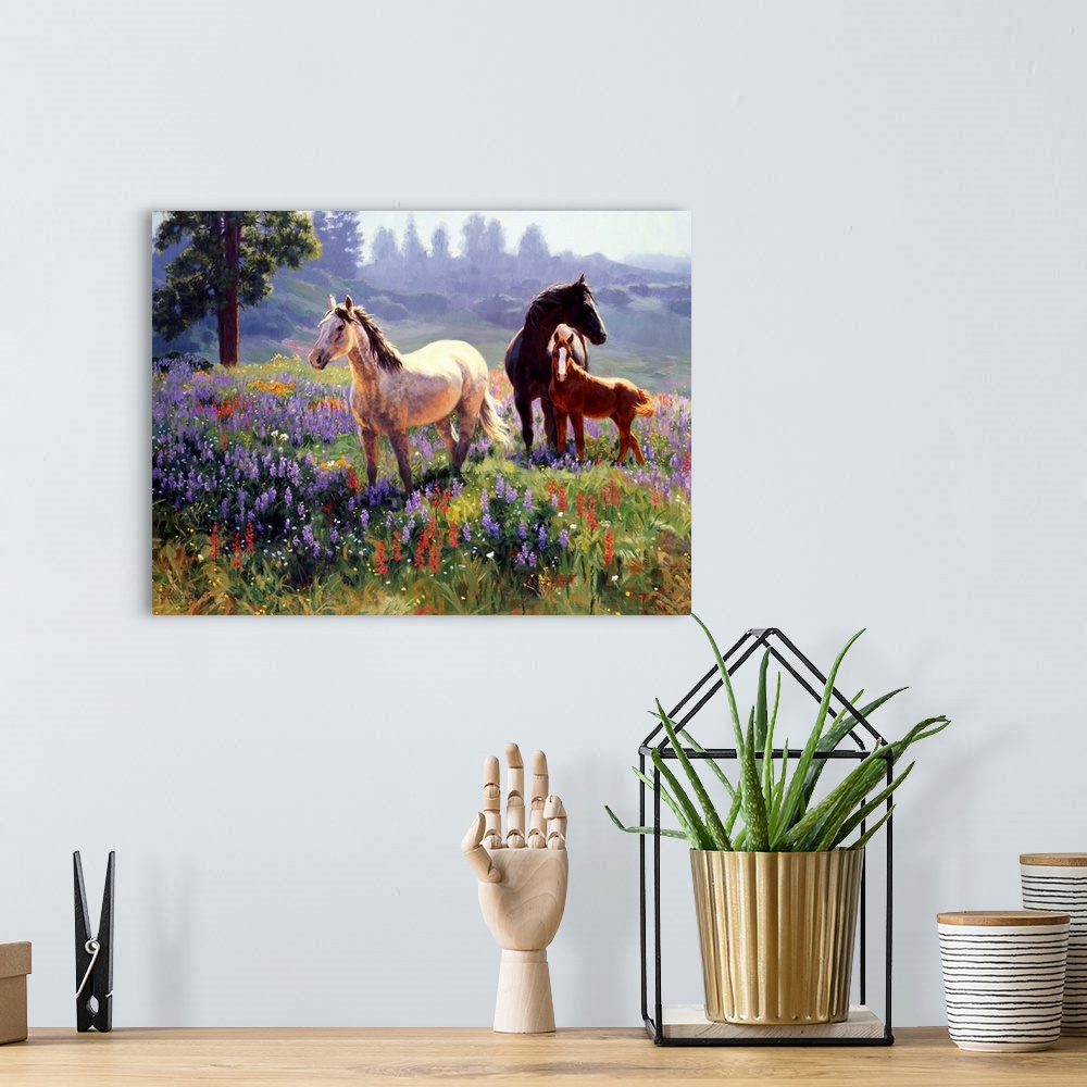A bohemian room featuring Contemporary colorful painting of a herd of horses in a countryside clearing.