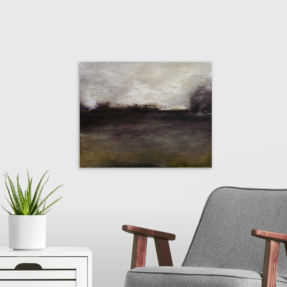 A modern room featuring Ethereal abstract painting in somber earth-tones.