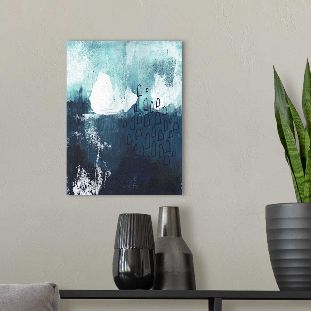 A modern room featuring This abstract artwork features window-like shapes over shades of blue with white brush strokes an...