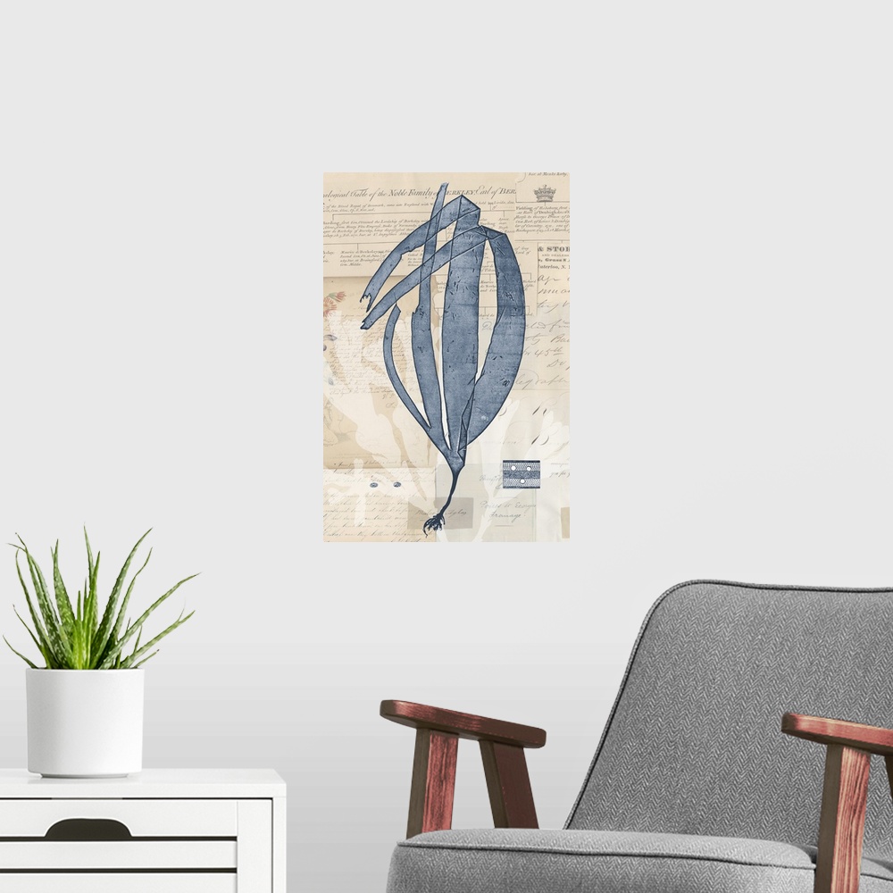 A modern room featuring Indigo illustration of seaweed on old papers with handwritten text.