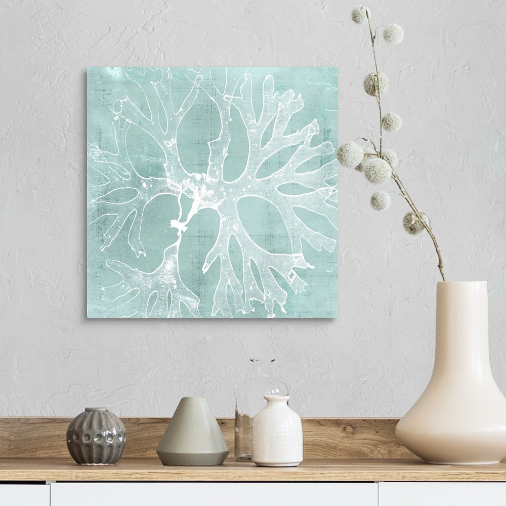 A farmhouse room featuring Seaweed illustration in white on an aquamarine blue background.
