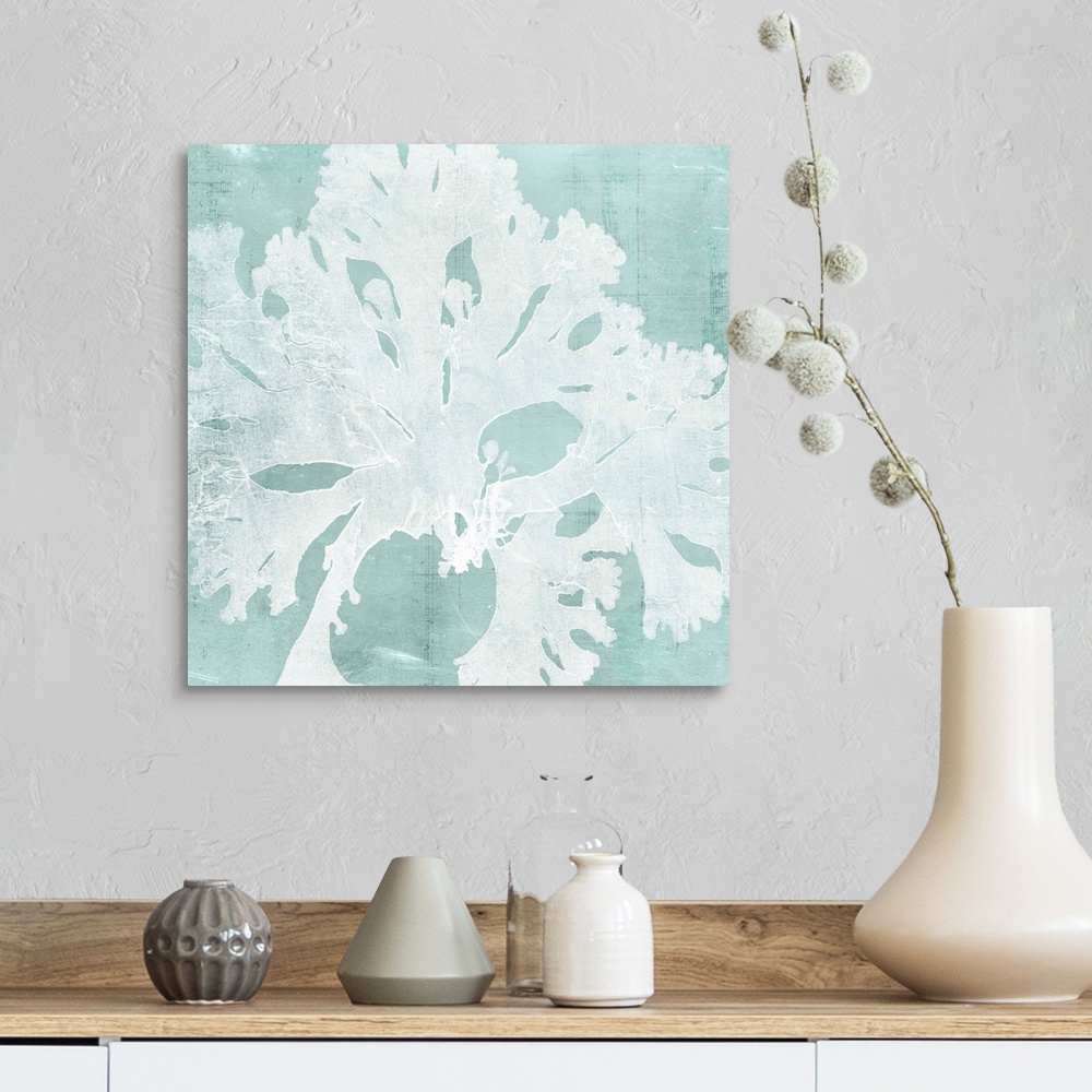 A farmhouse room featuring Seaweed illustration in white on an aquamarine blue background.
